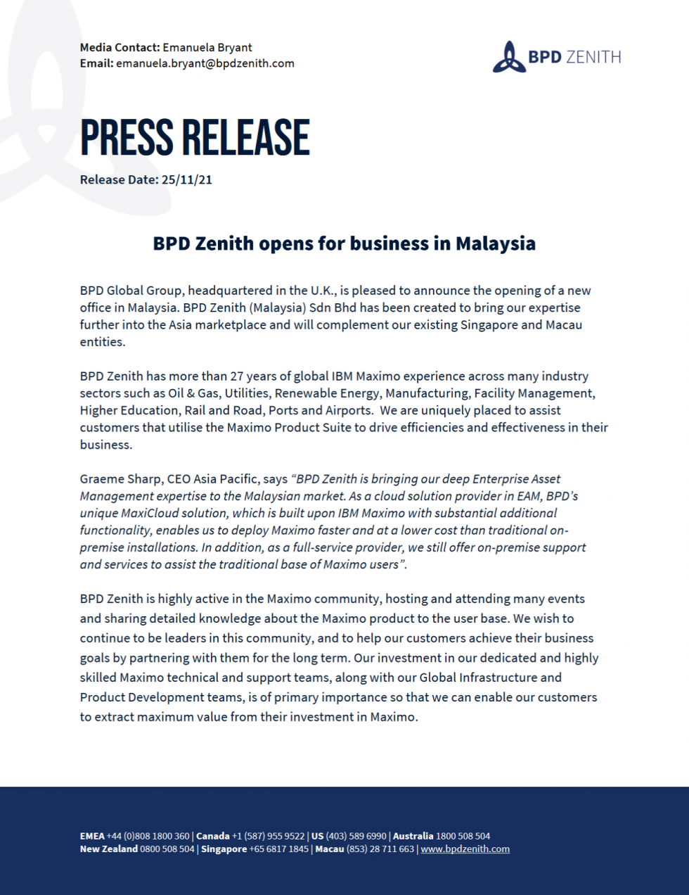 BPD Zenith Malaysia opens for business