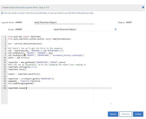 Create script with action launch point BPD Zenith IBM Maximo