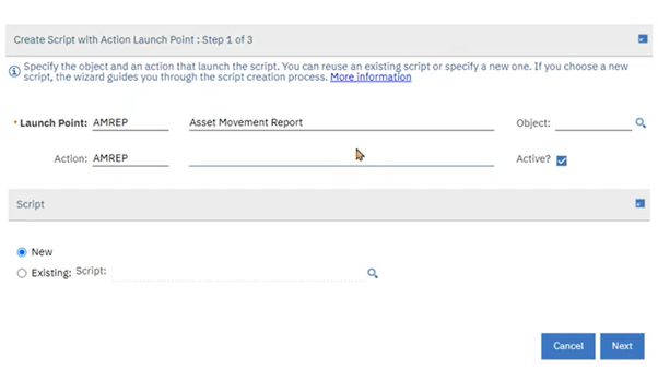 Create script with action launch point BPD Zenith IBM Maximo step 1